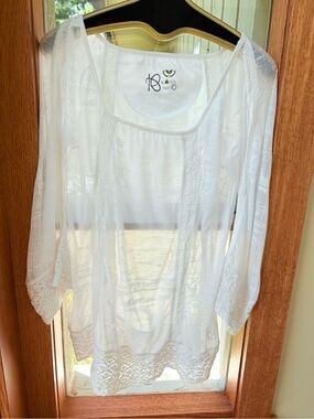 KOAN Organic Top White Sheer Burnout Boho Crochet Lace Trim Tunic Beach Coverup